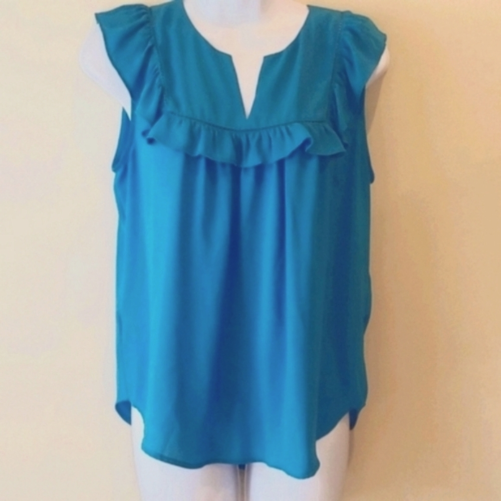 Loft Ann Taylor Split Neck Hi-Low Hem Silky Chiffon Ruffle Blouse. Small